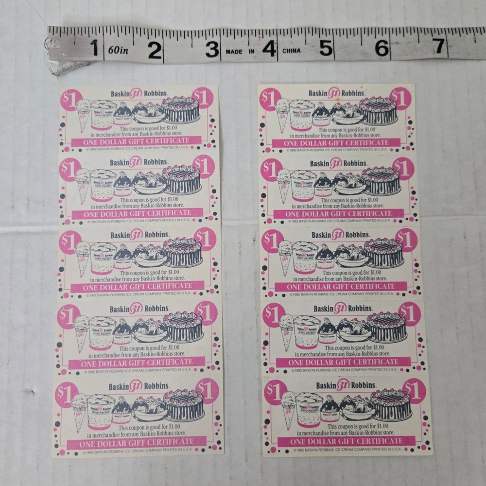 Vintage 1982 Baskin Robbins 1 Dollar Gift Certificate Sheet Lot of 2 USA Made